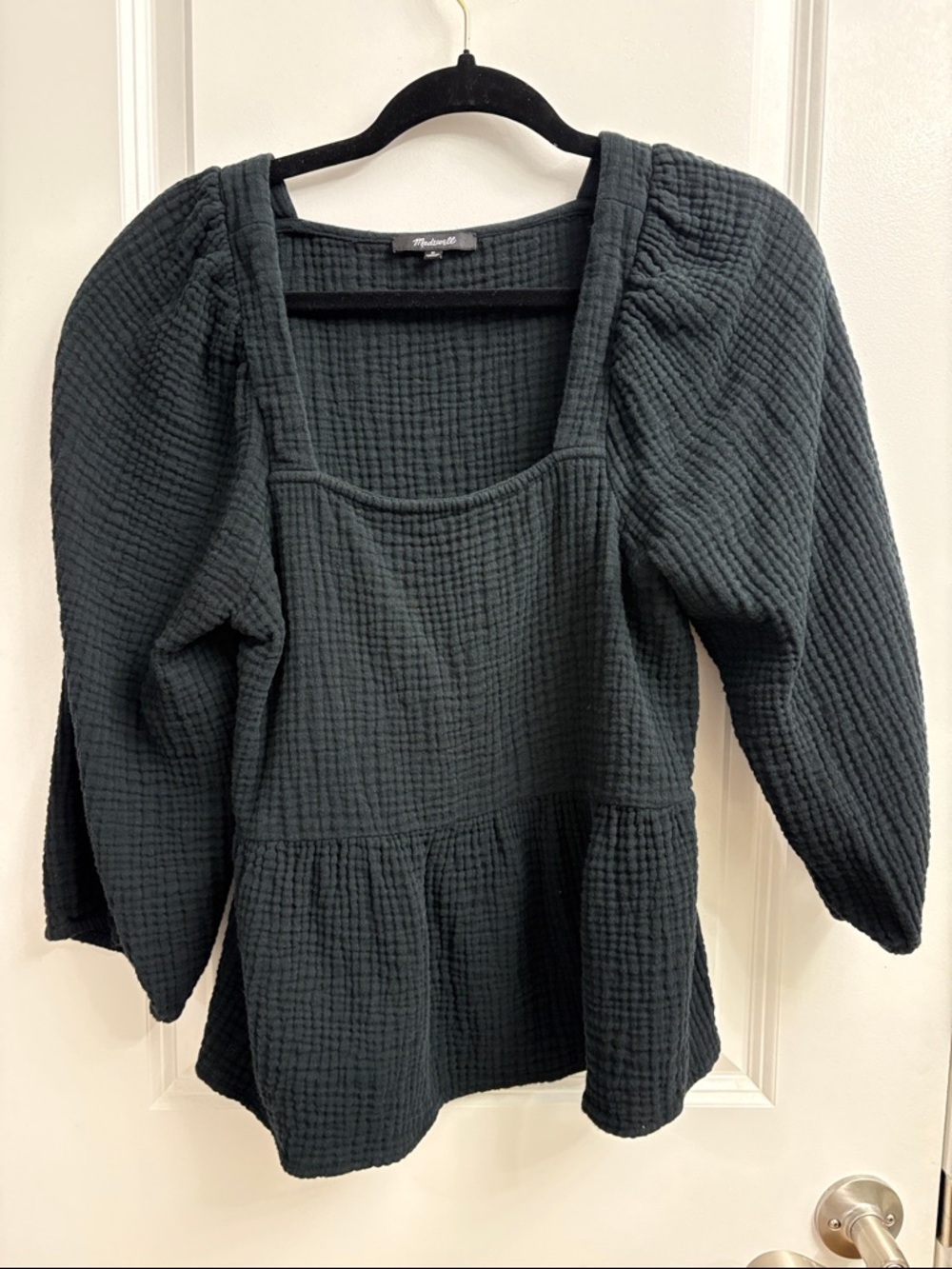 Madewell Black Textured Square-Neck Peplum Blouse
